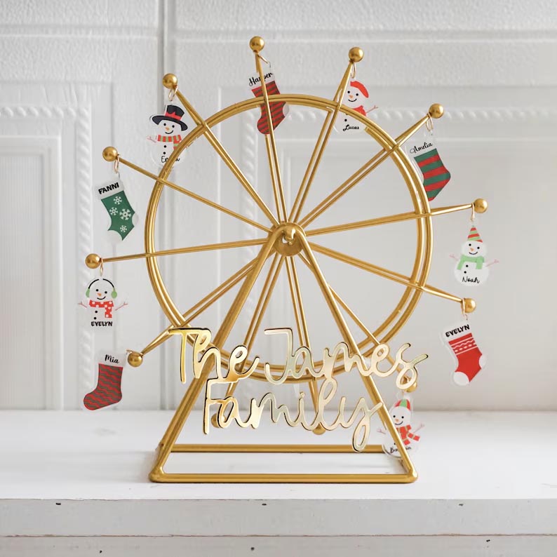 Personalized Family Name Ornaments, Snowman Ferris Wheel Decorations, Snowman Christmas Night Lamps, 2024 Holiday Gift Ideas, and Snowman-Themed Ornaments.