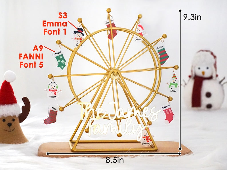 Personalized Family Name Ornaments, Snowman Ferris Wheel Decorations, Snowman Christmas Night Lamps, 2024 Holiday Gift Ideas, and Snowman-Themed Ornaments.